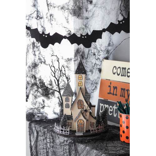 10x8.3x13.5 Cardboard Lighted Haunted House, Black Beige Tabletop Holiday Halloween Decor, Battery Powered