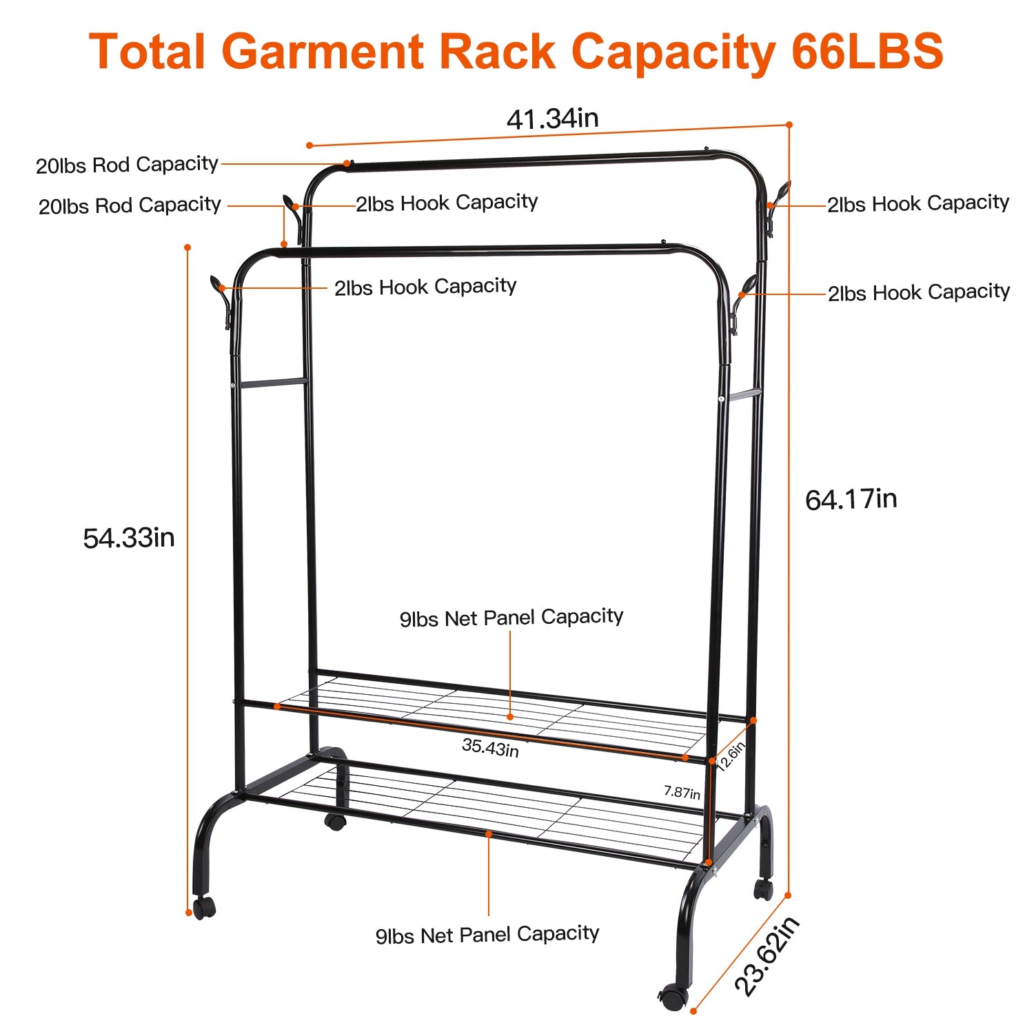 Garment Hanging Rack Clothing Hanging Rail Pillow Shoe Display Organizer Clothes Organizer Stand with 2 Rails 2 Shelves 4 Rolling Wheels 4 Hooks
