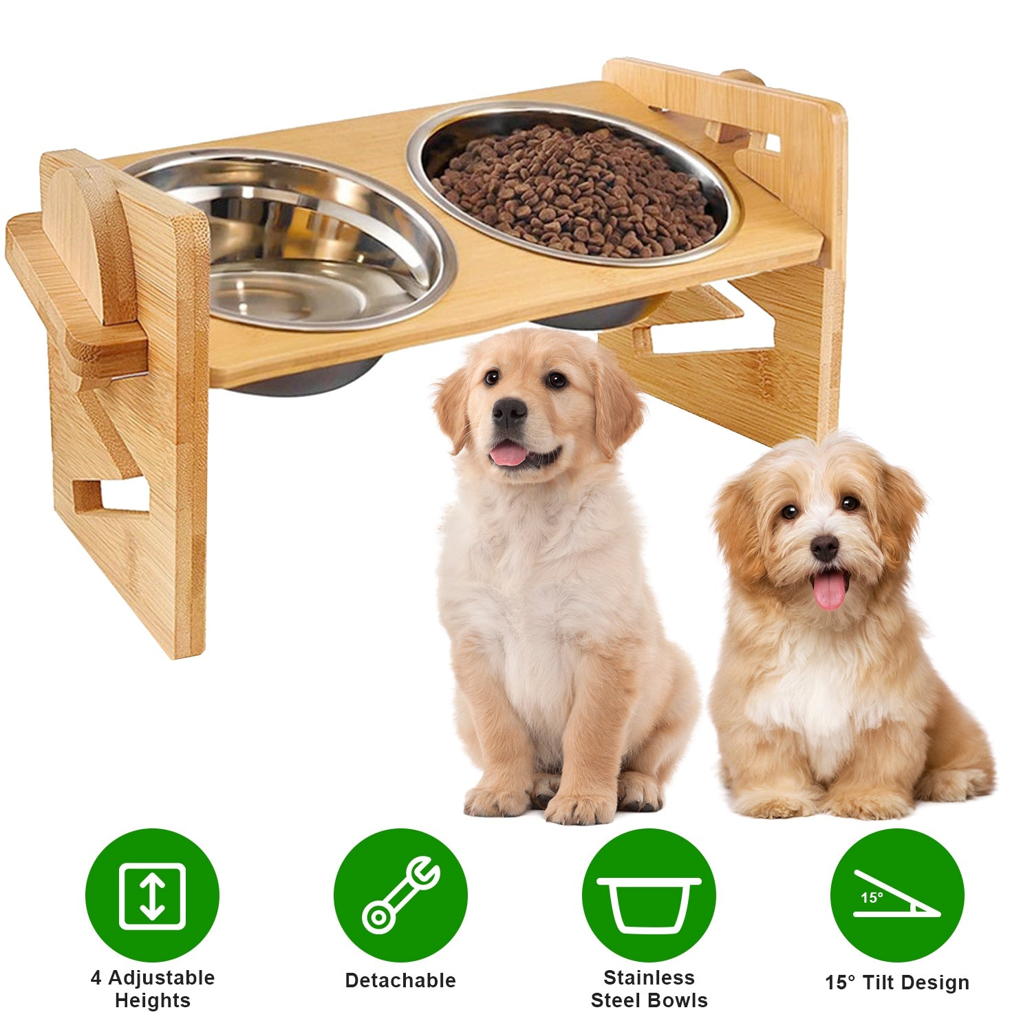 Bamboo Double Dog Raised Bowls 15° Tilt Elevated Dog Bowls with 4 Adjustable Heights 2 Stainless Steel Bowls Pet Feeder for Dogs Cats Rabbits