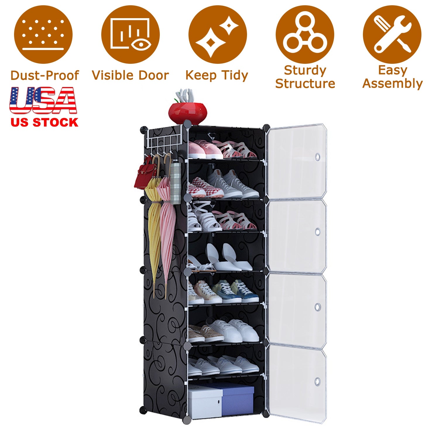 8-Tier Shoe Rack Organizer Stackable Free Standing Shoe Storage Shelf Plastic Shoe Cabinet Tower with Transparent Doors for Heels Boots Slippers Entry