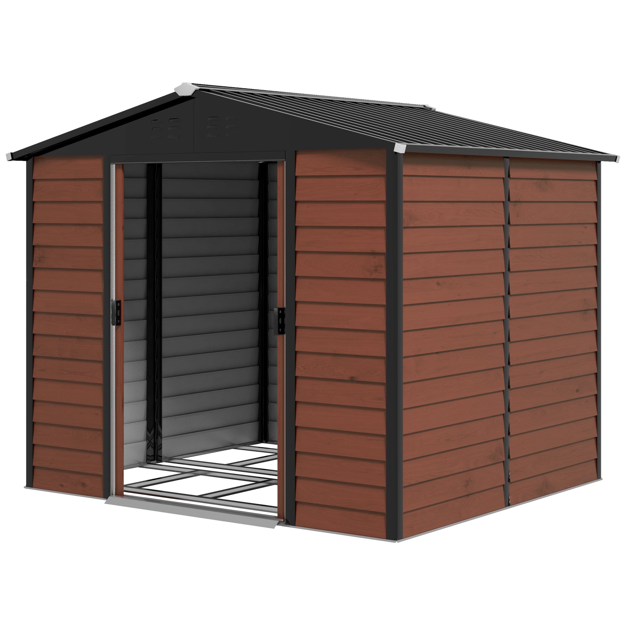Outsunny Metal Outdoor Storage Shed 8x7ft Galvanized Steel Garden Tool Shed with Floor Frame Vents Waterproof Teak