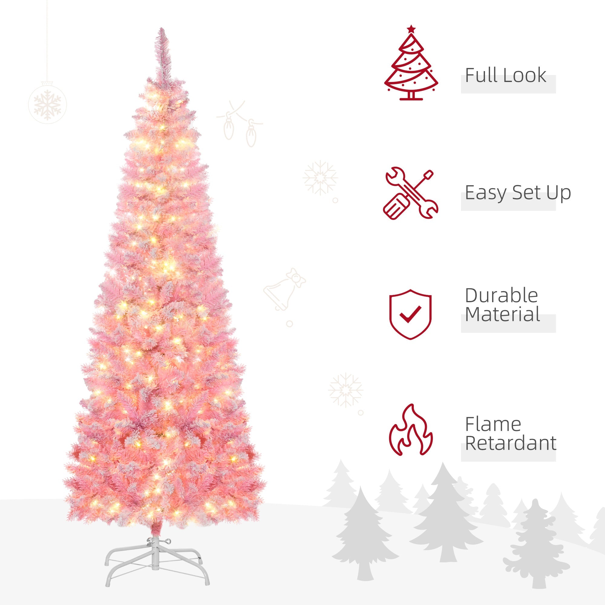 HOMCOM 6 Foot Prelit Snow Flocked Artificial Christmas Tree with Pencil Shape, 500 Pine Realistic Branches, Warm White LED lights