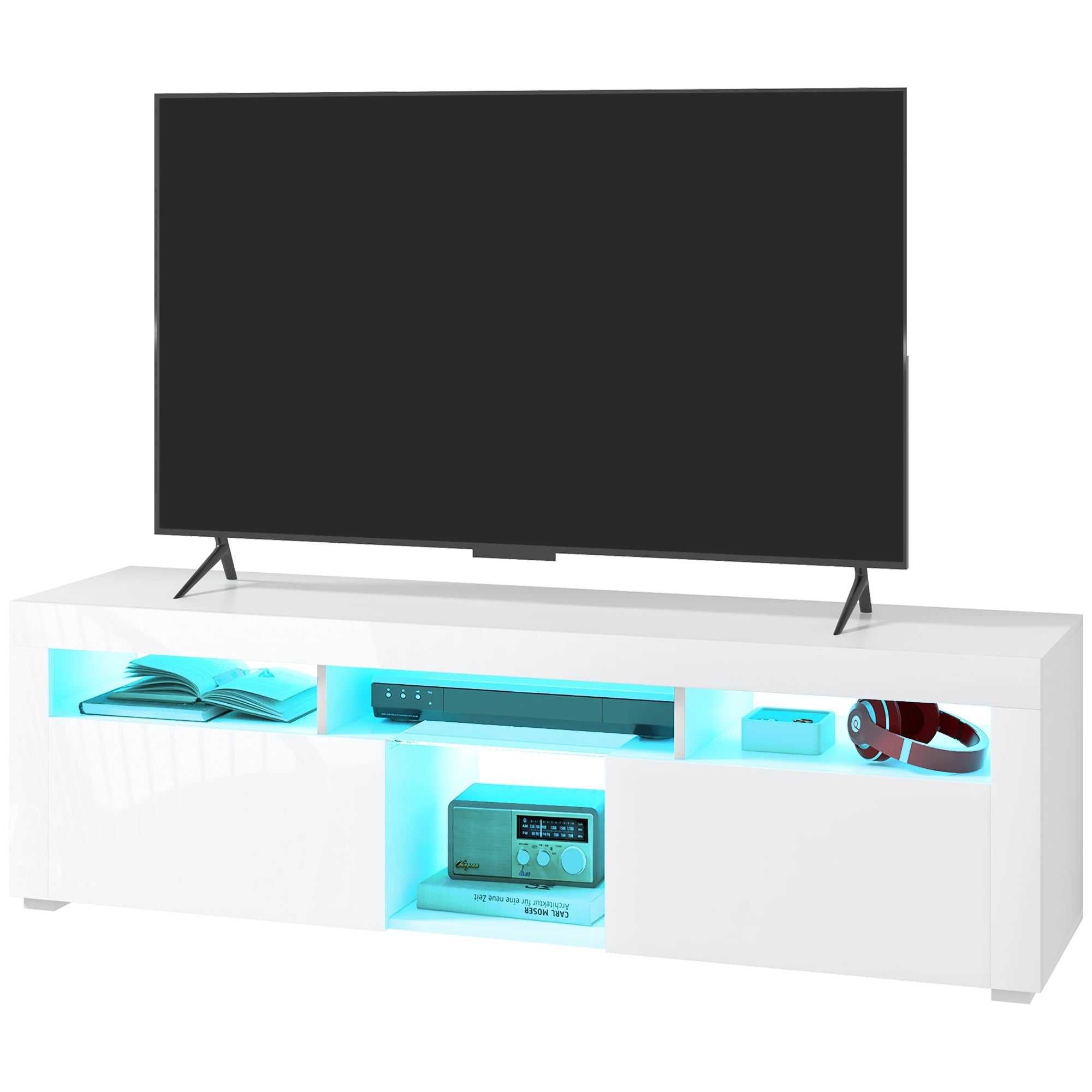 HOMCOM Modern TV Stand with Storage LED Lights for TVs up to 55" TV Cabinet Open Compartments High Gloss White