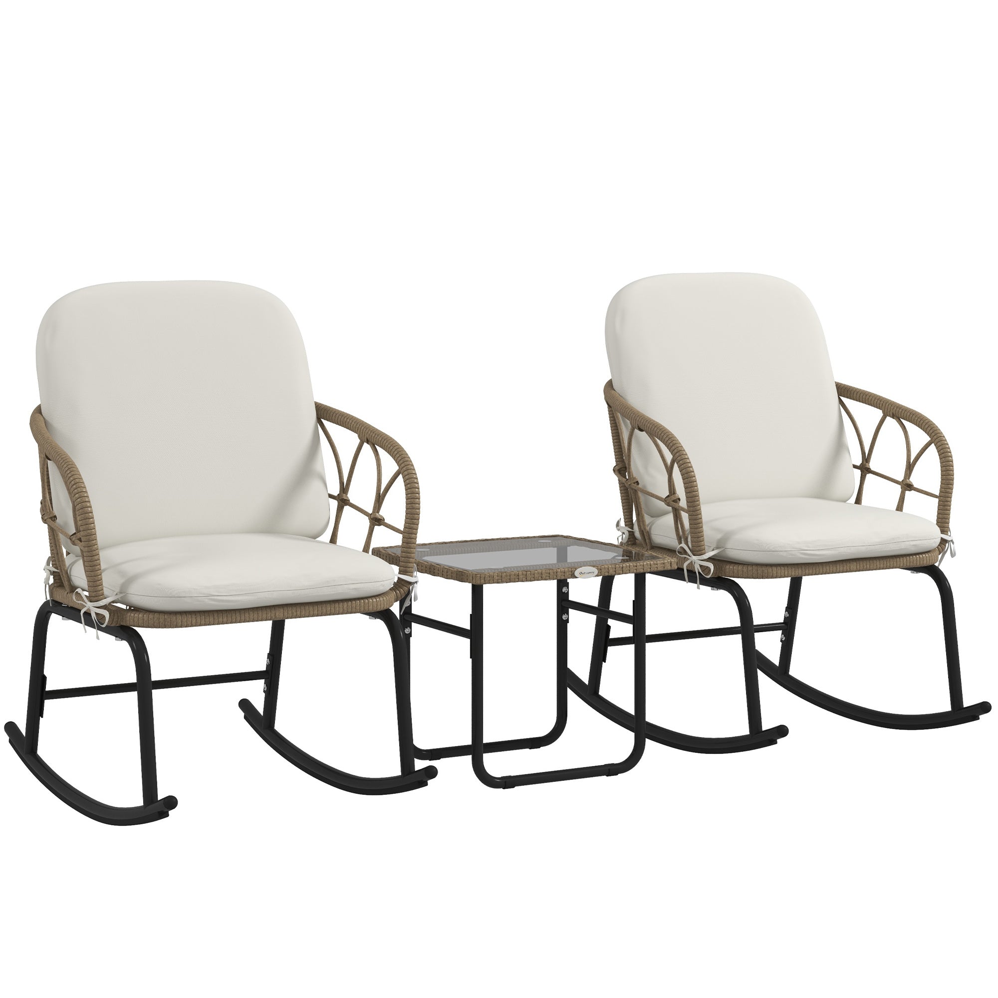 Outsunny 3 Pieces Patio Rocking Chair Patio Set with Cushions, Outdoor Round PE Rattan Wicker Hollow Design Conversation Set, Beige