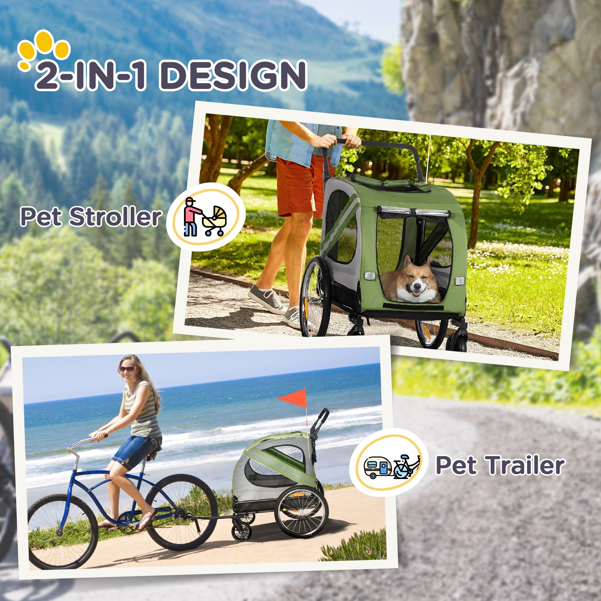 Aosom 2-in-1 Pet Adventure: Dog Bike Trailer Pet Stroller, Green Universal Wheel Reflectors Travel Carrier