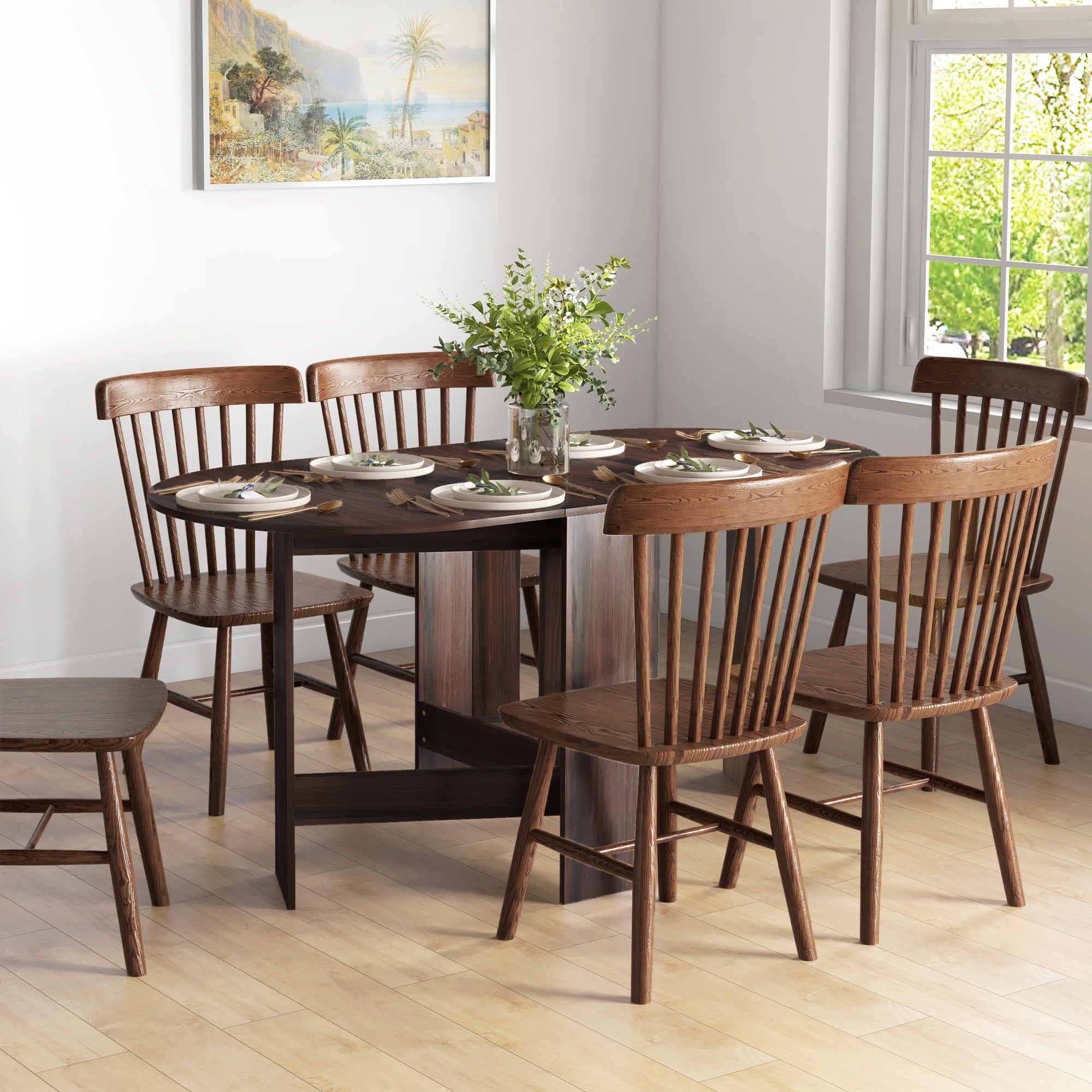 HOMCOM Folding Drop-Leaf Table: Oval Compact Dining Table for Small Spaces, Distressed Brown Finish