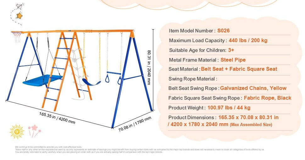 VEVOR Swing Sets for Backyard 6 in 1 Swing Set 440lbs Capacity Metal Swingset