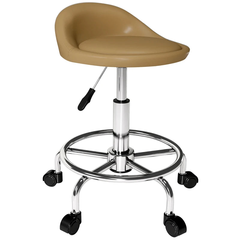 PU Leather Rolling Stool, Height Adjustable Swivel Salon Chair with Backrest and Foot Rest for Spa, Tattoo, Light Brown