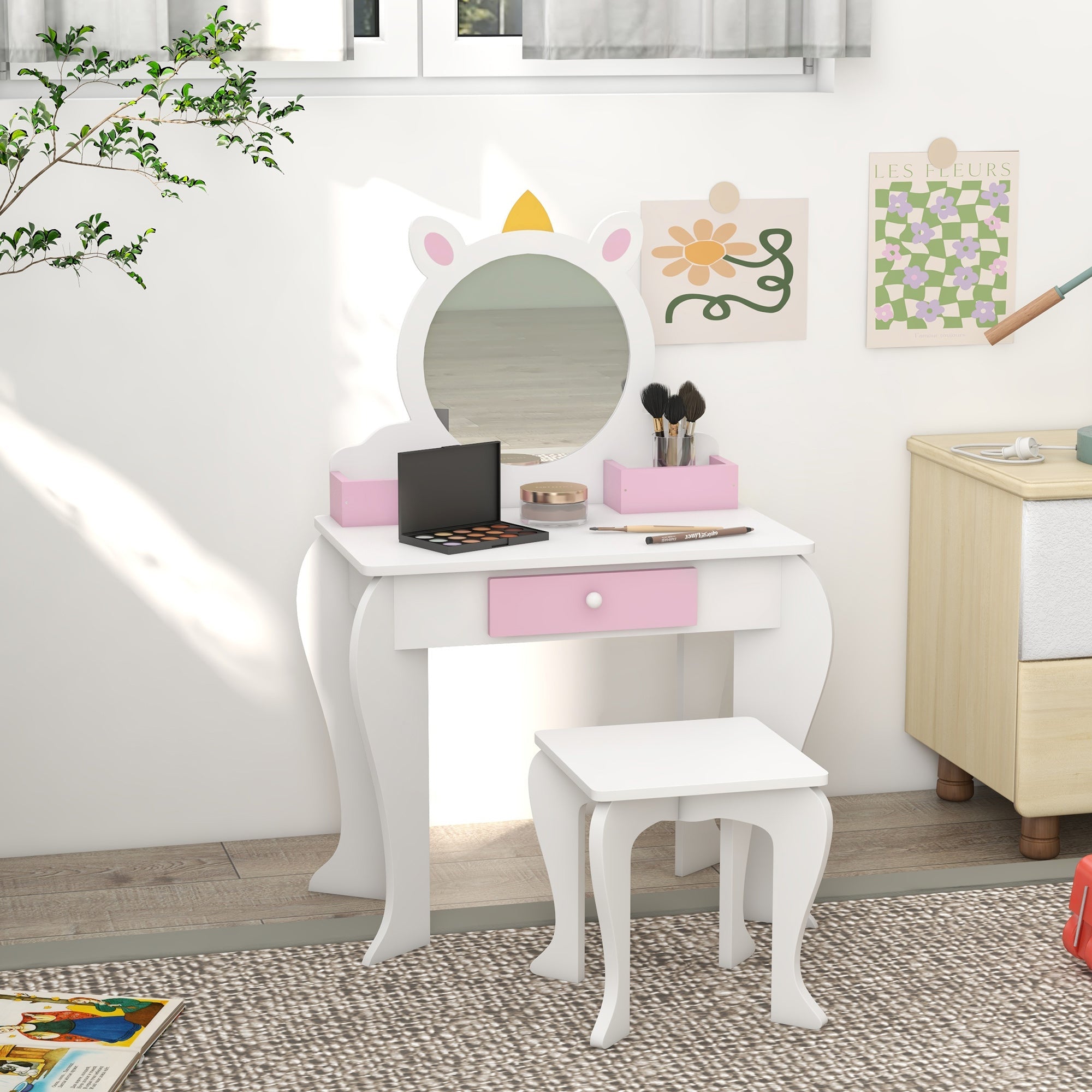 Qaba Unicorn Vanity Set: Stool, Mirror, Drawer, Storage Boxes for Kids, White