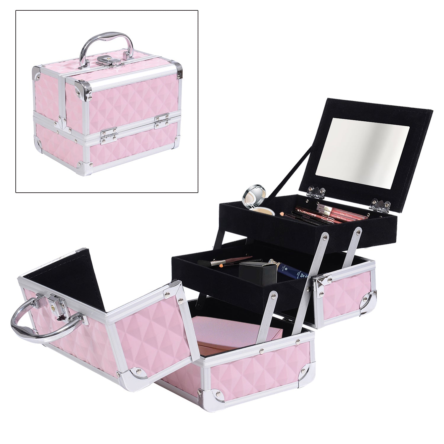 HOMCOM Cosmetic Train Case 3 Tier Diamond Texture Organizer with Mirror Portable Pink 8"x6"x6"