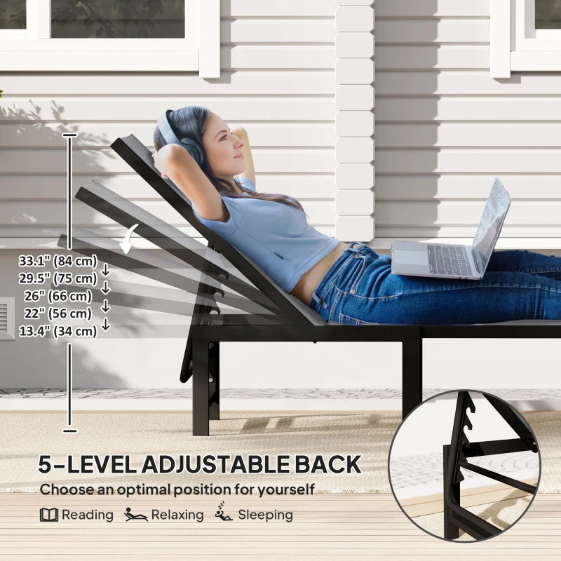 Outdoor Lounge Chair Set of 2, 5-Position Reclining Outdoor Chaise Lounge Tanning Chair with Mesh Seat, Grey