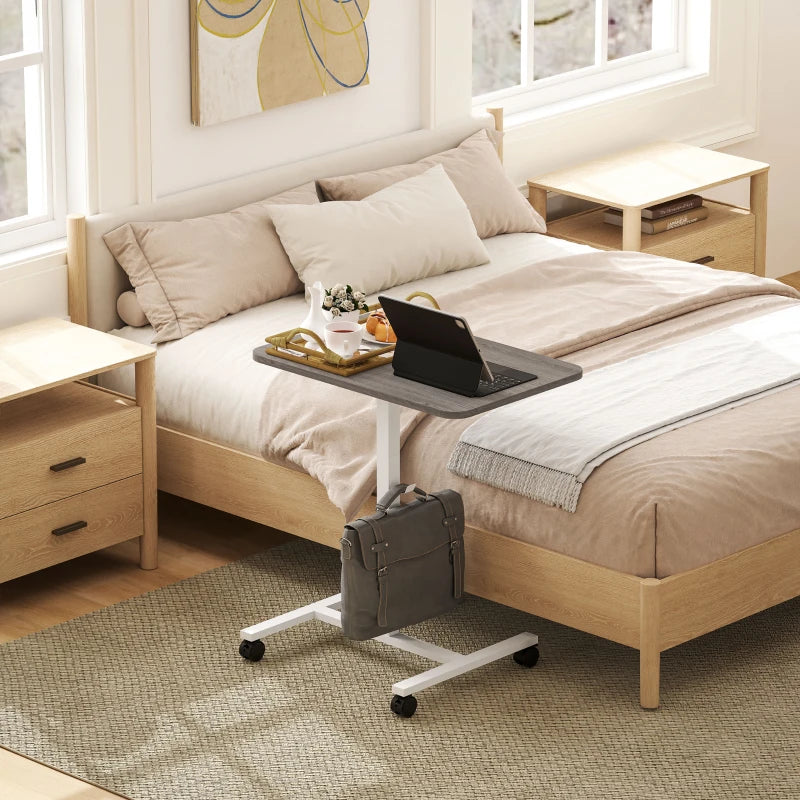 Height Adjustable Standing Desk, Pneumatic Sit Stand Desk with Wheels and Headphone Hook, Grey Wood Grain