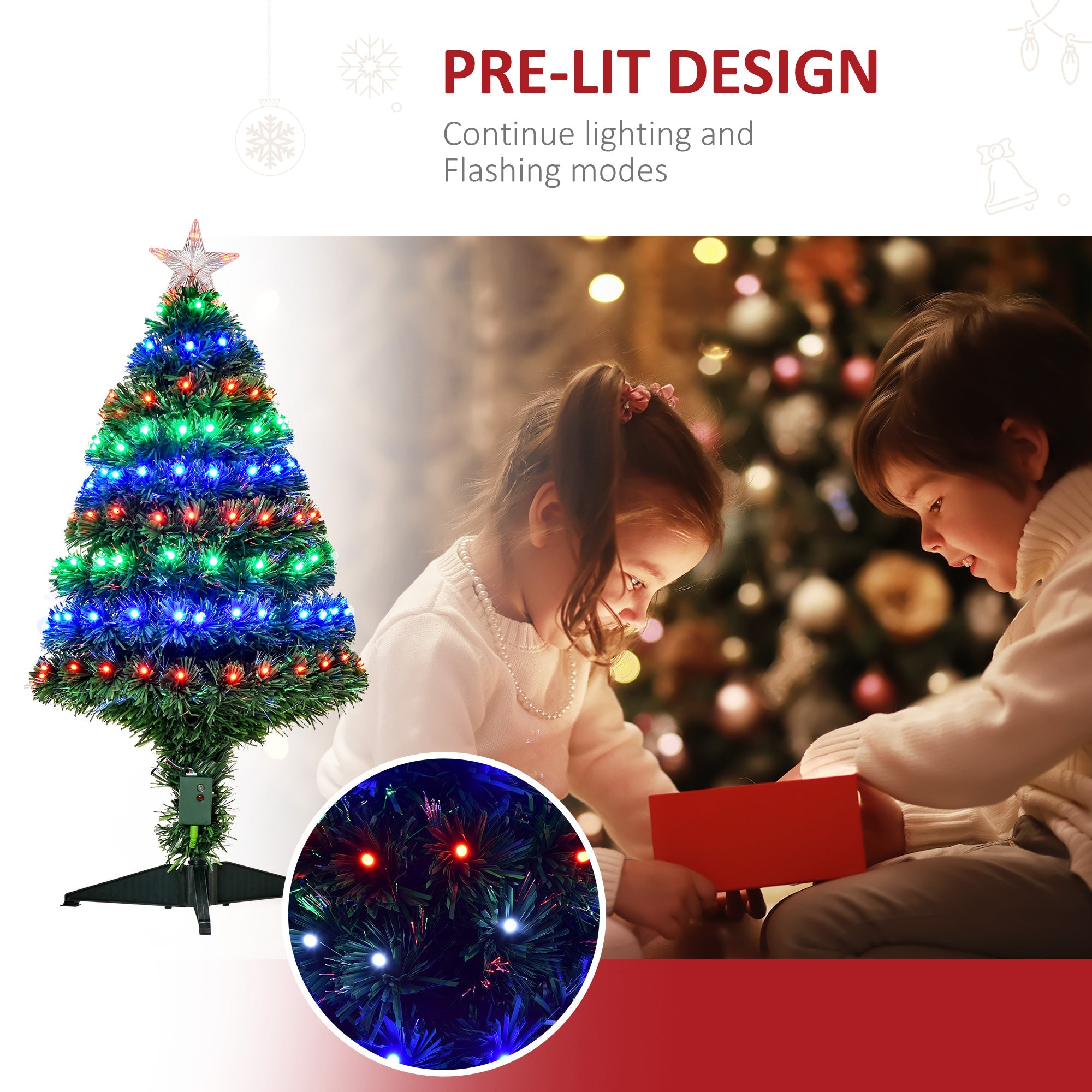 HOMCOM 3FT Pre-lit Fiber Optic Christmas Tree - 90 LED Lights, Green, Artificial Holiday Décor for Xmas