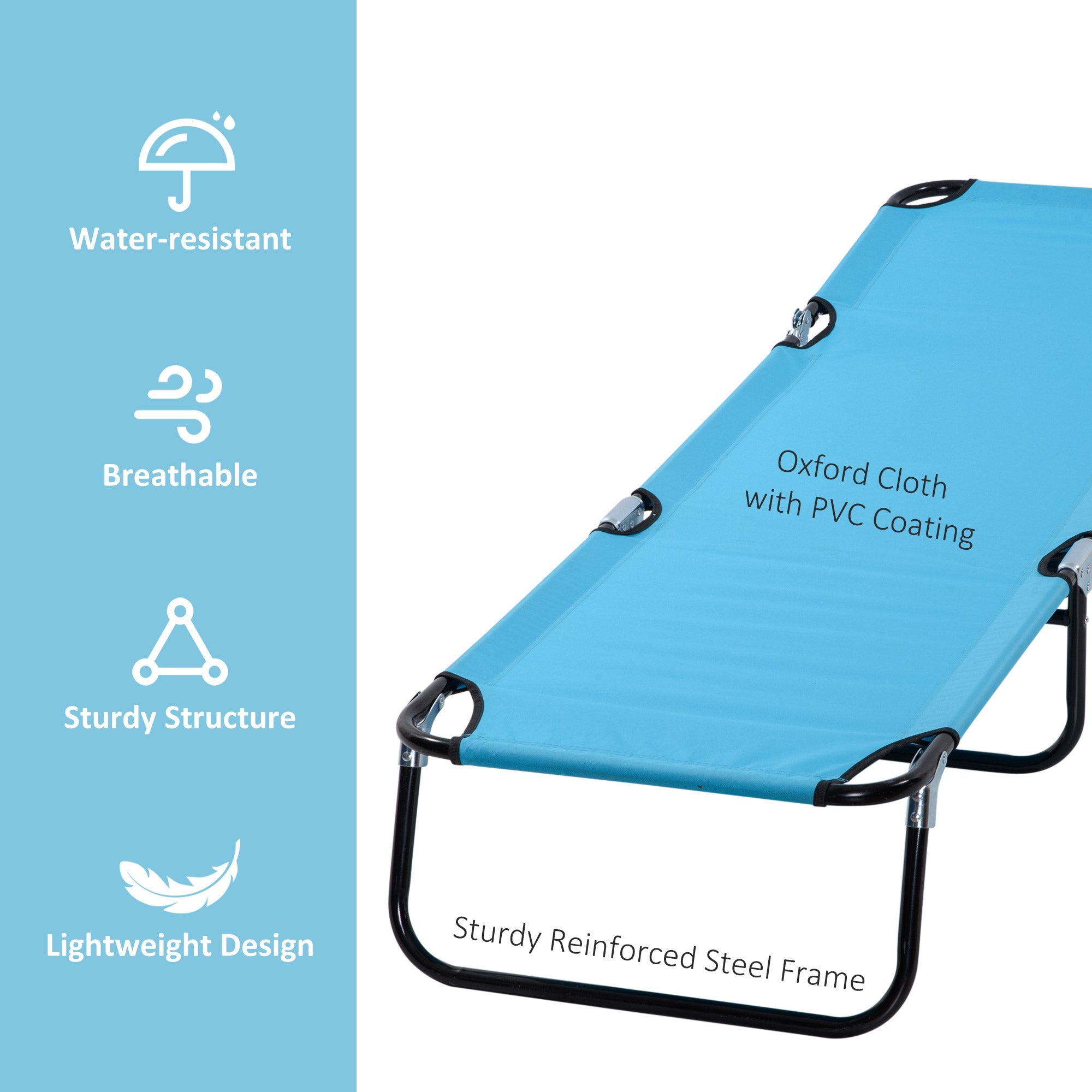 Outsunny Folding Lounge Chair Outdoor Steel Mesh Tanning Recliner with Adjustable Back for Beach Yard Patio Sky Blue