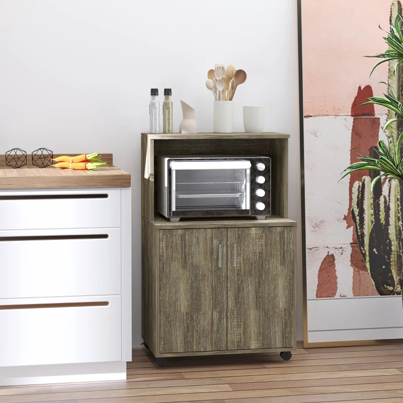 Microwave Cart on Wheels Utility Trolley Storage Sideboard Bookcase with 2-door Cabinet, Grey Wood Grain