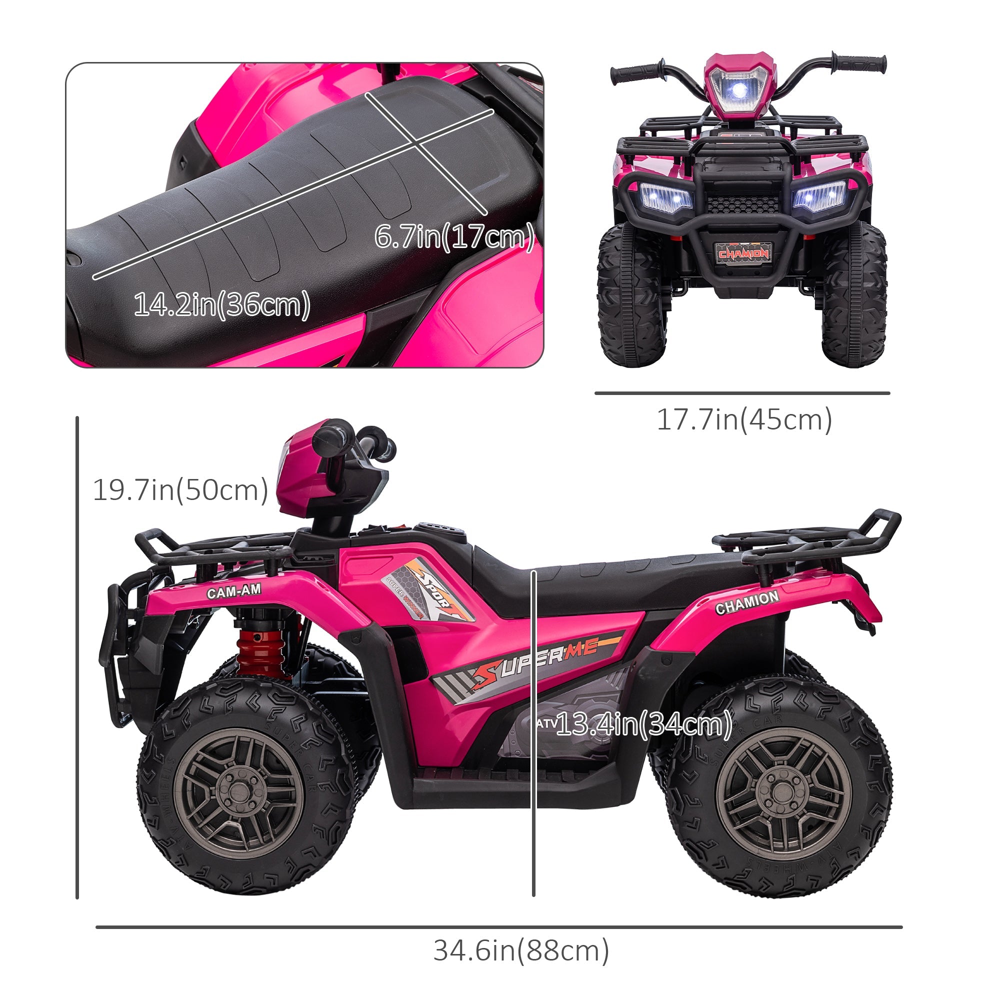 Aosom Kids ATV: 12V, 4 Wheeler Quad, Battery Powered, Music, LED Lights, Treaded Tires, 3-5 Years, Pink