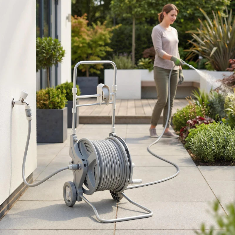Hose Reel Cart with Wheels, 1/2" x 148ft Garden Hose Reel with 2 Patterns Nozzle, Faucet Adaptors, Rewind Handle, Grey