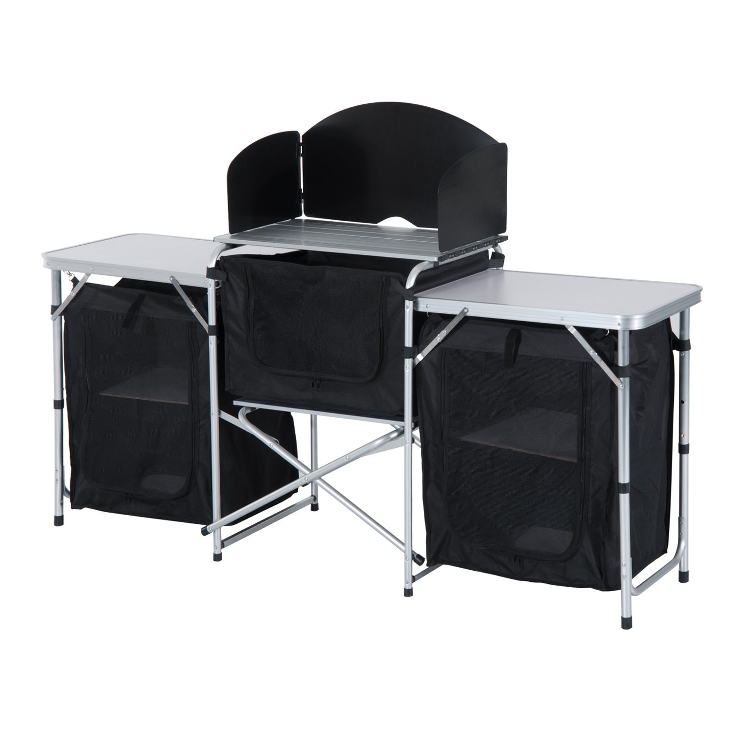 Outsunny Folding Camping Kitchen Table with Carrying Bag, Windscreen and 3 Enclosed Cupboards, Aluminum Cook Station, Black