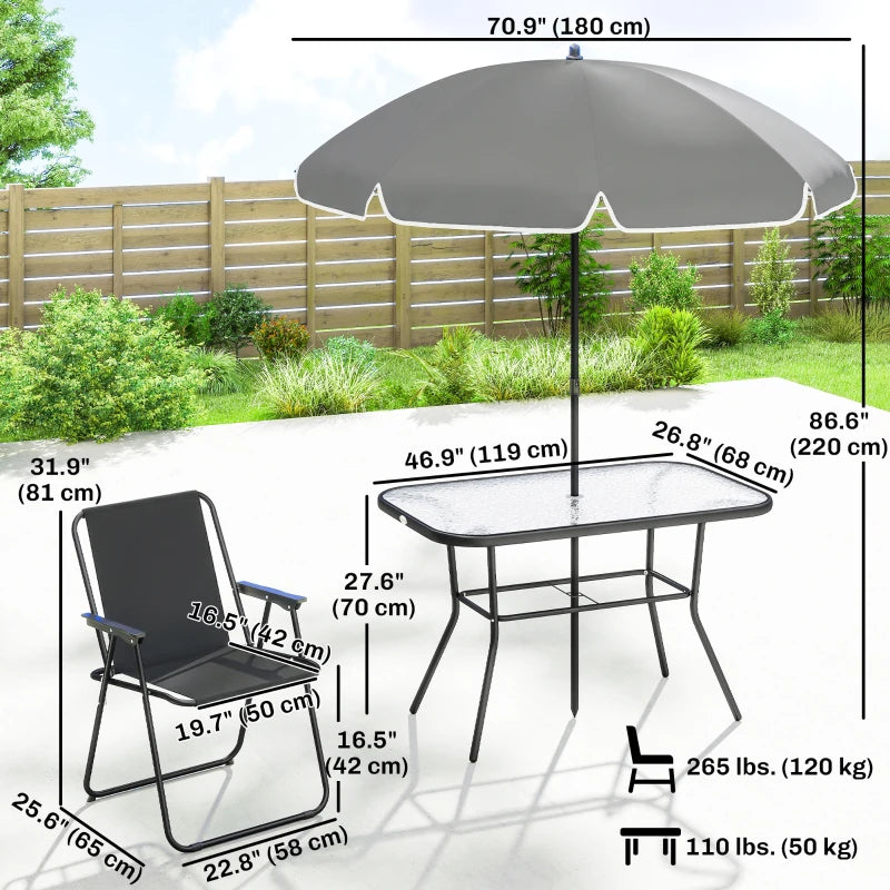8 Piece Patio Table and Chairs Set with Folding Chairs, Tempered Glass Tabletop and Umbrella for Garden, Black