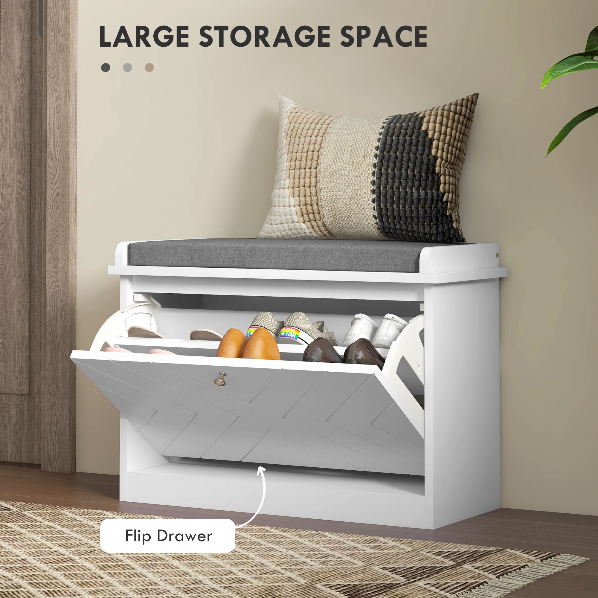 HOMCOM Entryway Shoe Bench with Storage Flip Drawer Adjustable Shelf for 6 Pairs Cushioned Hallway Bench White