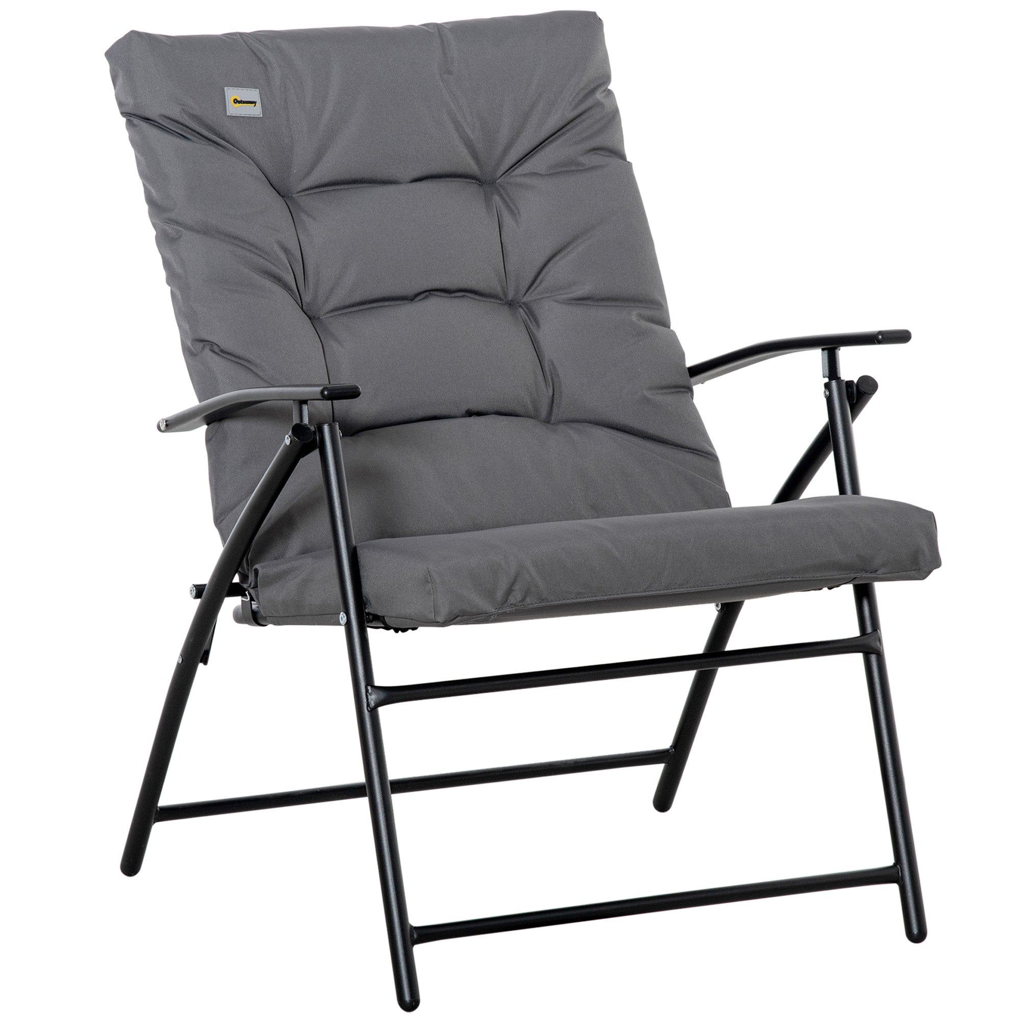 Outsunny Foldable Lounge Chair, Fabric Upholstered Recliner, Outdoor Lounger with Armrest, Metal Frame Camping Beach Chair, Grey