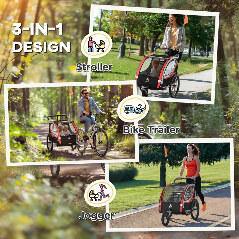 Aosom 3-in-1 Bike Trailer for Kids, Running Stroller with 2 Seats, Jogging Cart with 5-Point Harness, Storage Units, Red