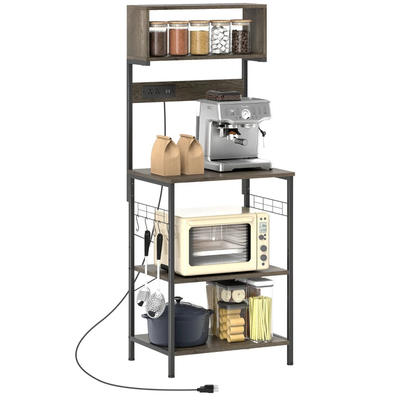 Baker's Rack with Charing Station, Microwave Shelf with Power Outlet, USB Charger and 5 Hooks, Distressed Grey