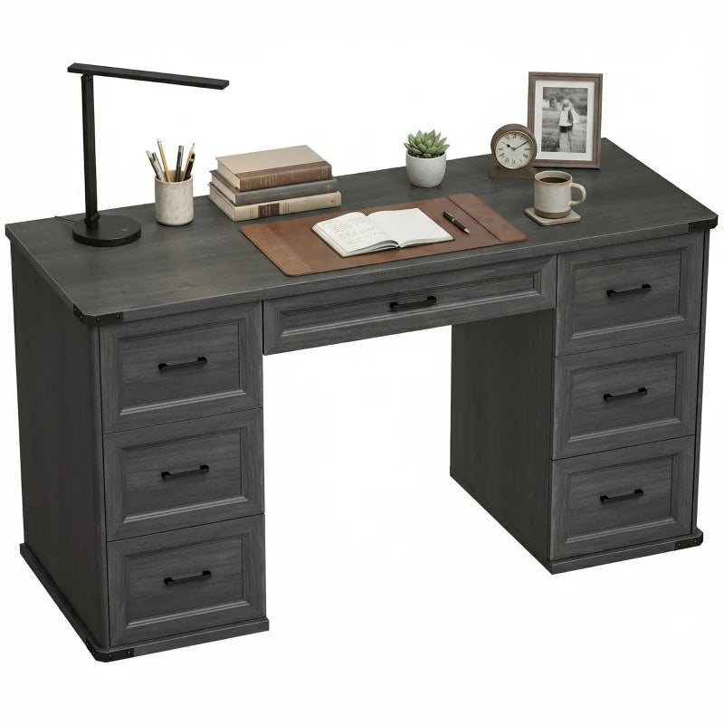 55" Computer Desk with 7 Drawers, Farmhouse Executive Desk for Home Office, Study, Bedroom, Black Wood Grain