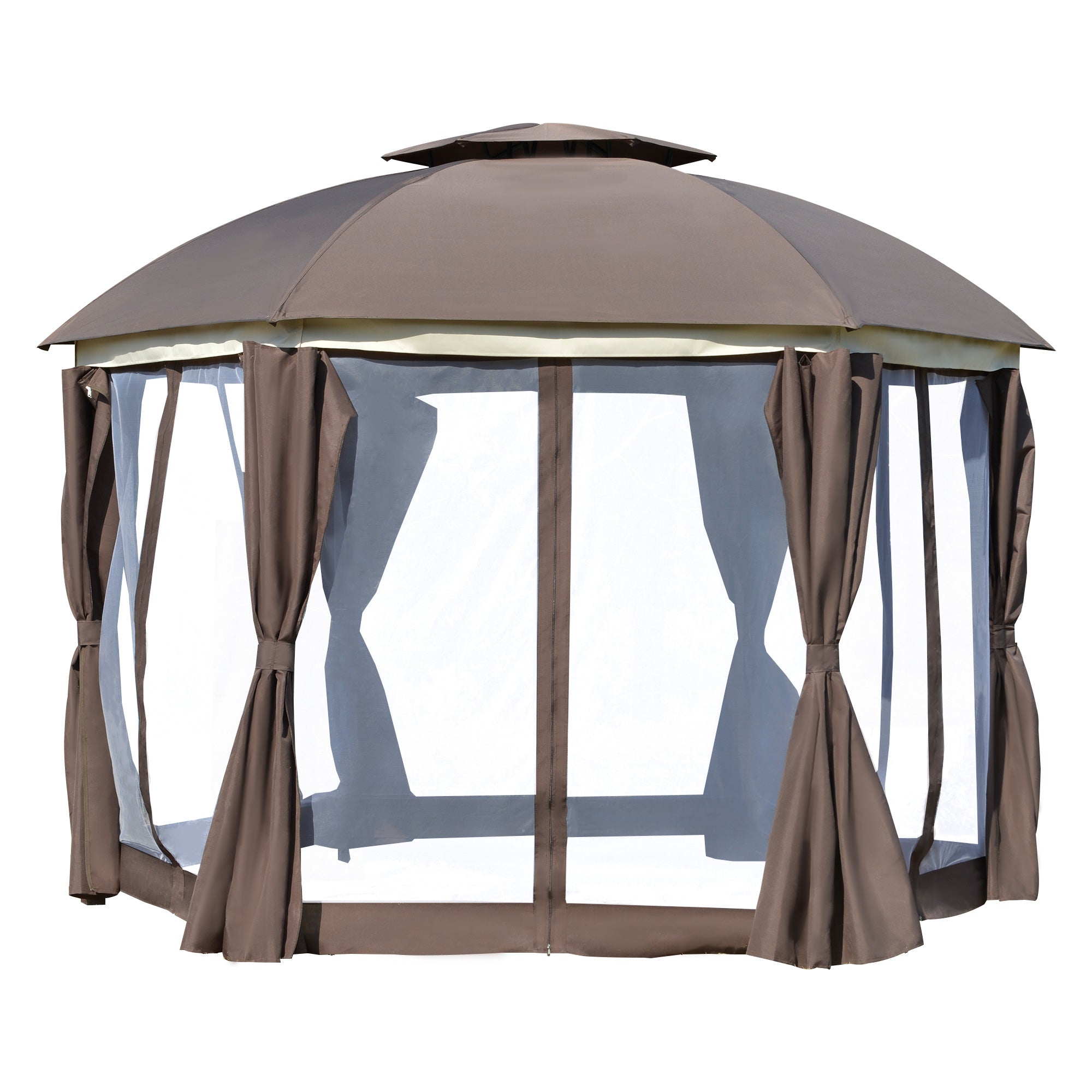 Outsunny 12x12 Outdoor Dome Gazebo Canopy Patio Shelter with Netting Sidewalls, Curtains & Double Vented Roof in Brown
