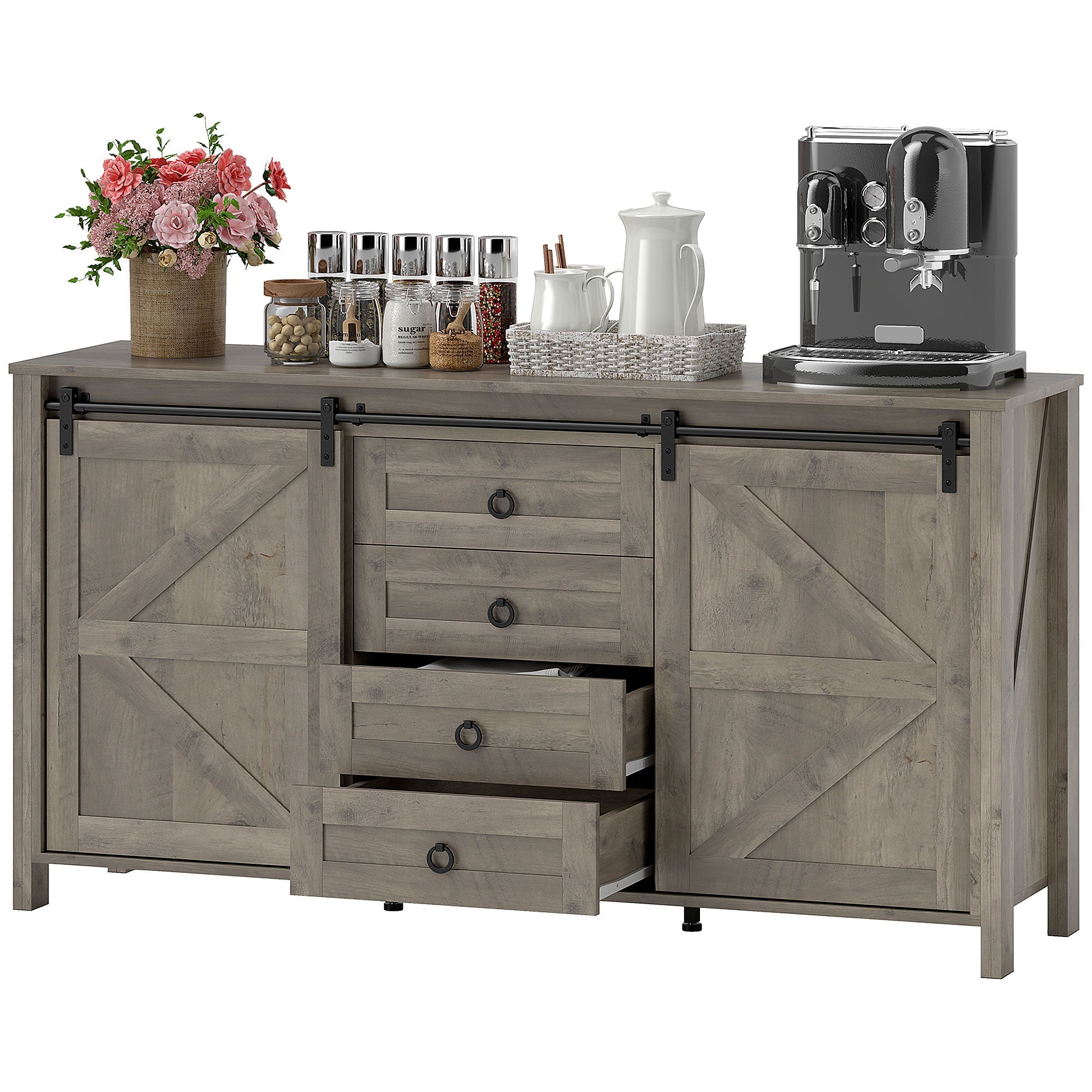 HOMCOM 60" Buffet Cabinet, Farmhouse Sideboard with Sliding Barn Doors, Drawers and Adjustable Shelves, Distressed Light Grey