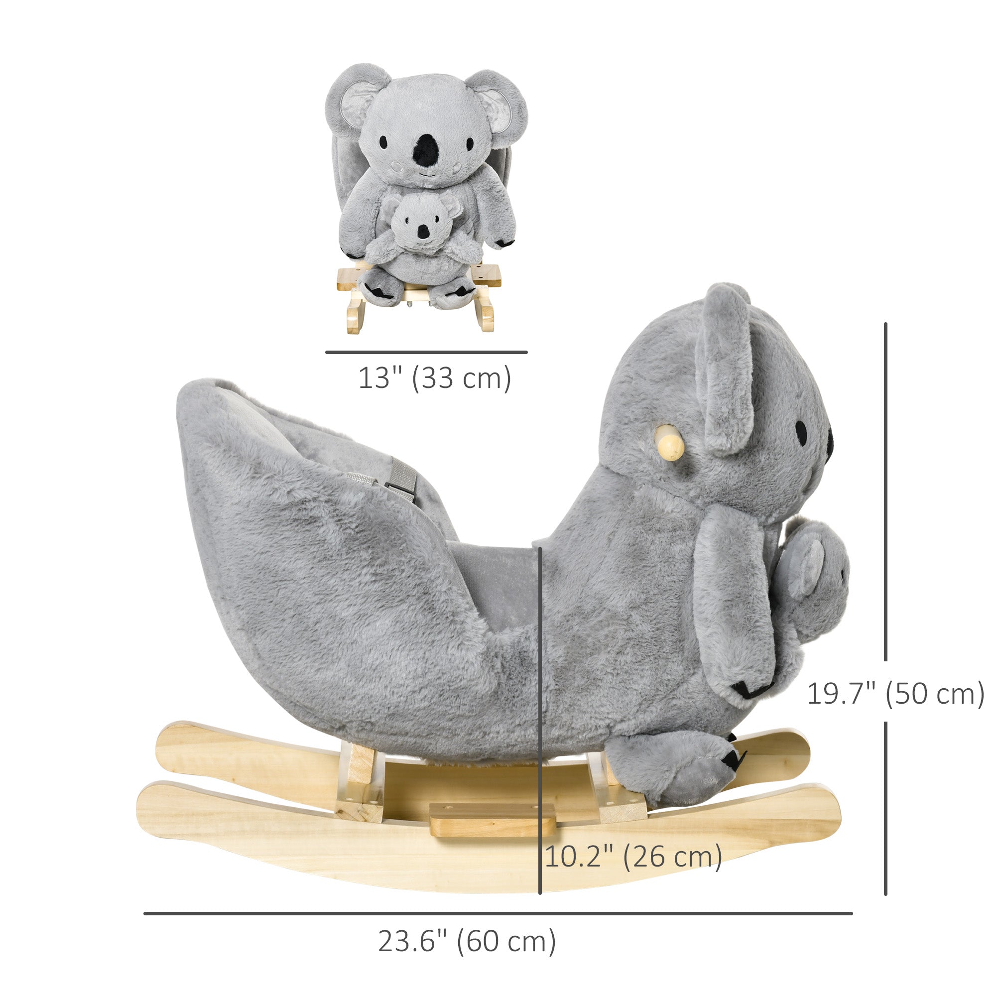 Qaba Koala Rocking Horse for Kids - Plush Ride-On Toy with Gloved Doll & Sounds, Ideal for 18-36 Months, Grey