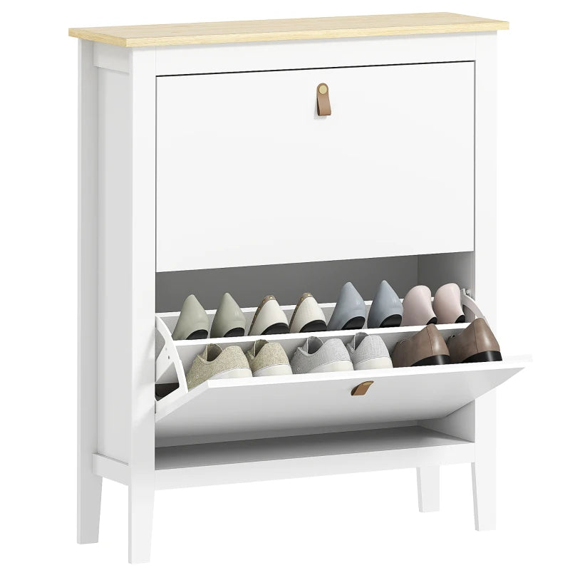Narrow Shoe Cabinet with 2 Flip Drawers, Adjustable Shelves for Entryway, Holds 10-14 Pairs, White