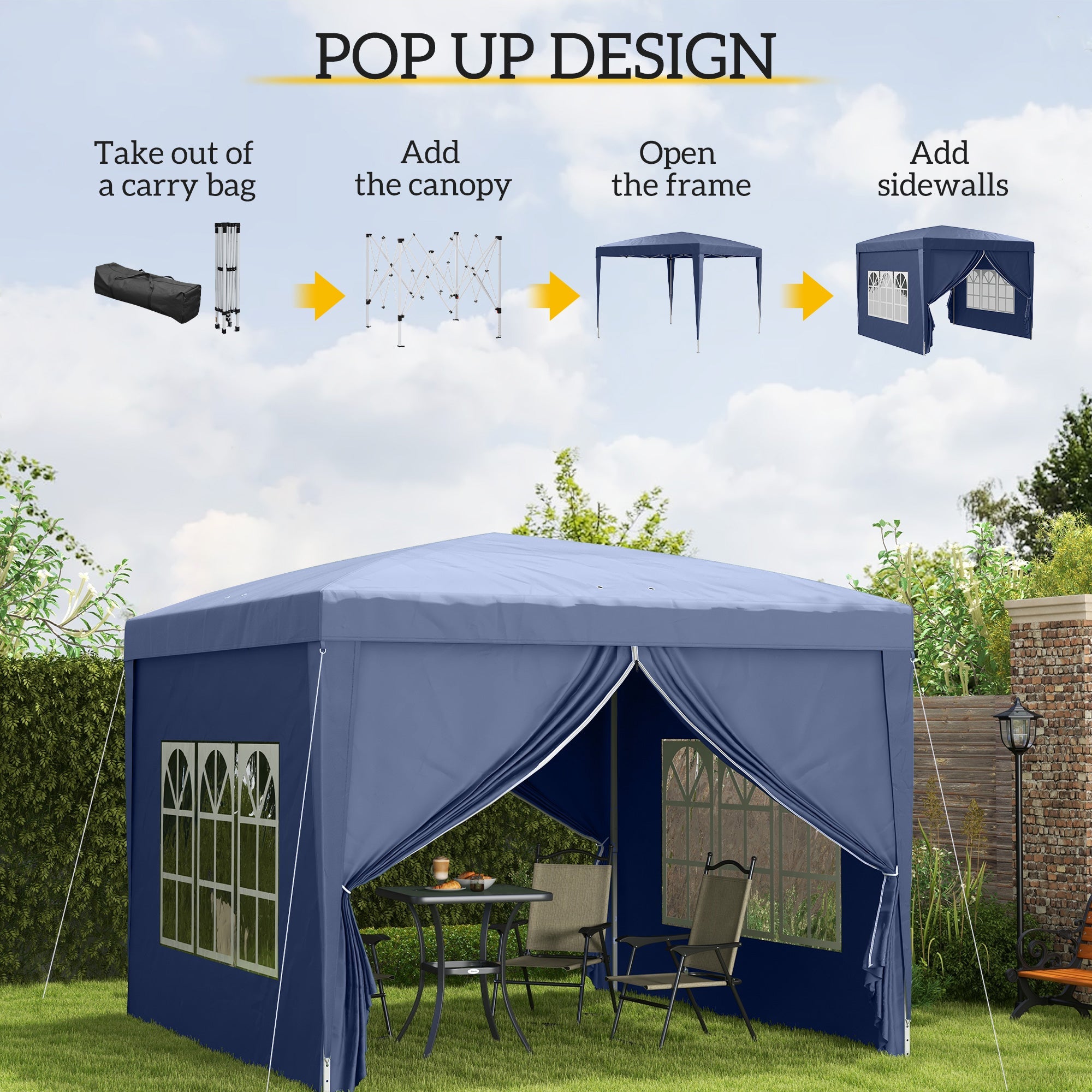 Outsunny 10'x10' Pop Up Canopy Tent Gazebo for Outdoor Parties Weddings Events Portable Folding Steel Frame Blue