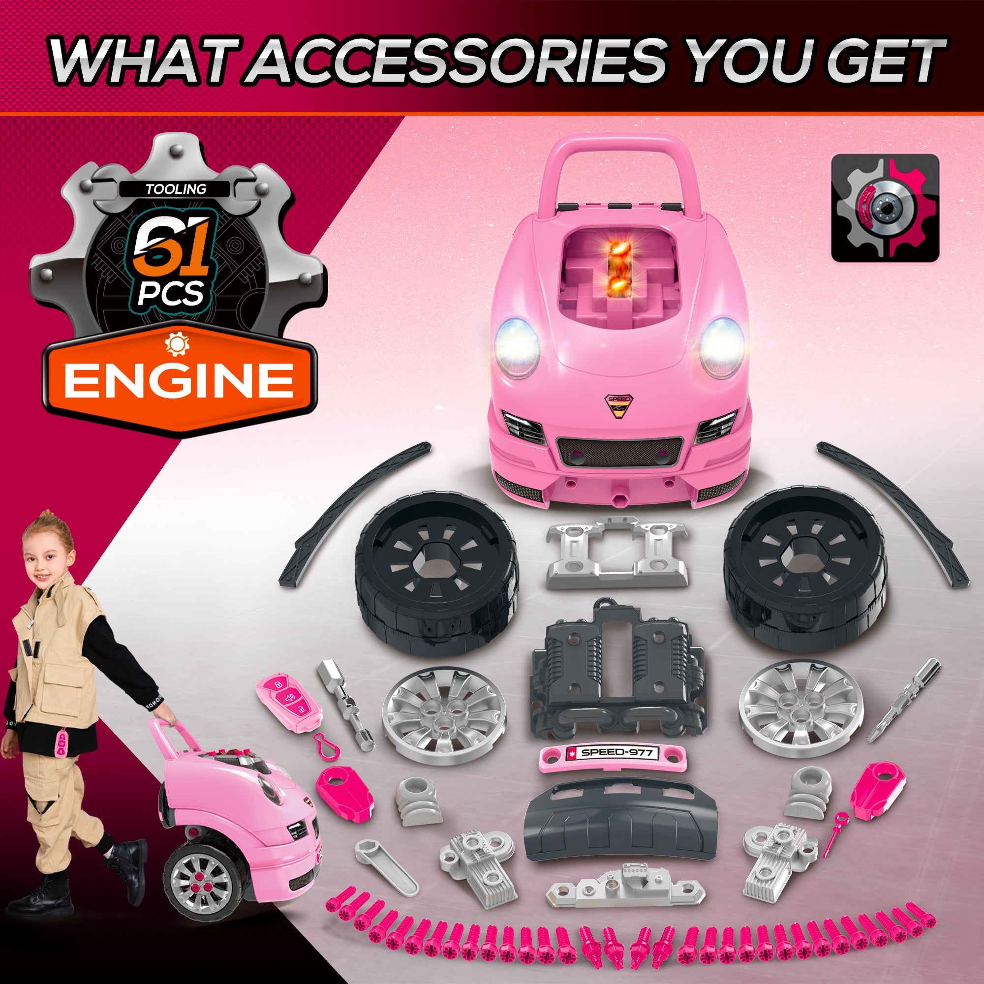 Qaba Kids Mechanic Truck Engine Repair Toy Set Car Service Pink Playset with Tools for Pretend Play