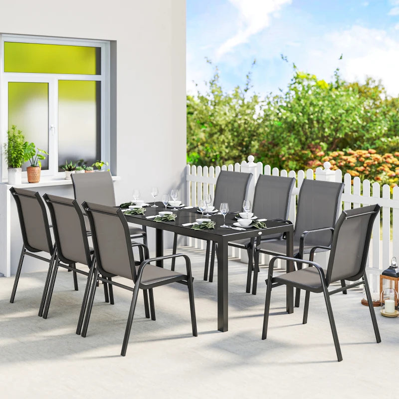 9 Pieces Patio Set with Stackable Chairs, Patio Dining Set with Glass Top for Garden, Patio, Backyard, Dark Grey