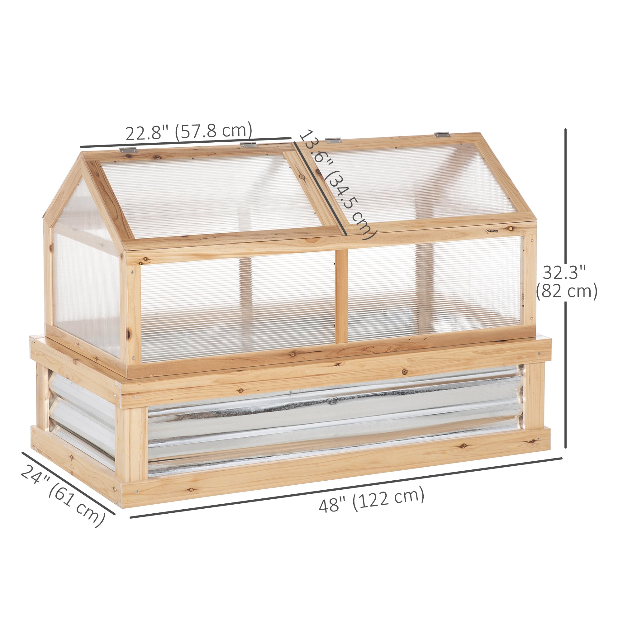 Outsunny 48"x24"x32" Raised Garden Flower Bed Wooden Cold Frame Planter Greenhouse Pointed Open Roofs Natural