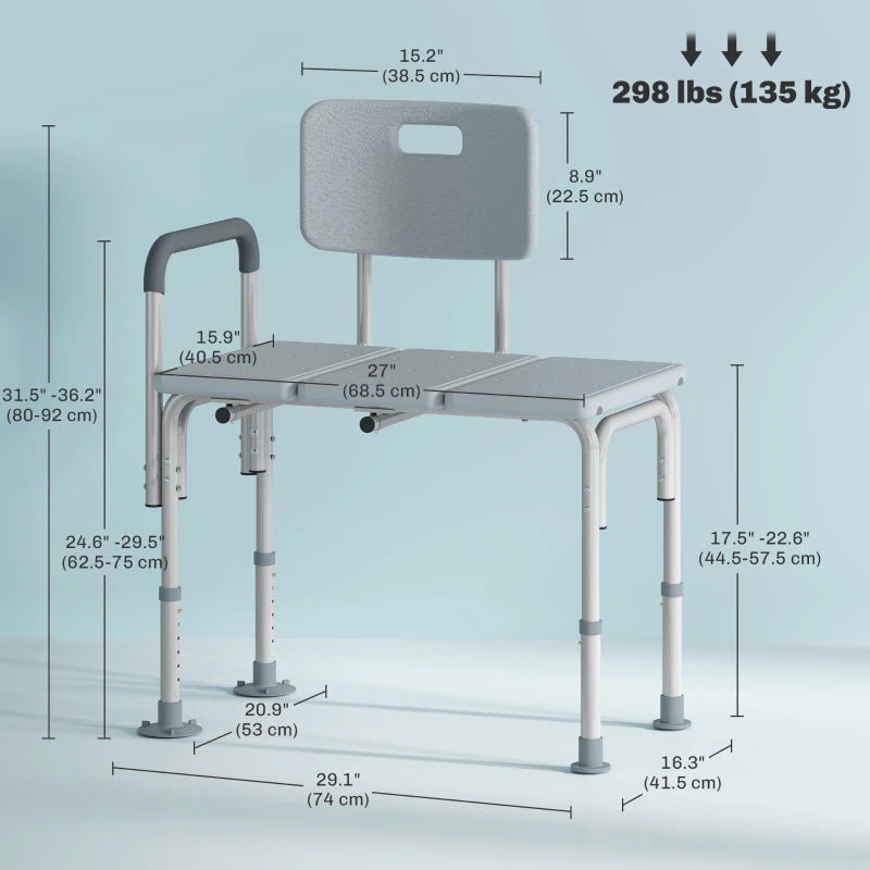 6-Level Adjustable Bath and Shower Transfer Bench Aluminum Chair with Non-Slip Feet, Armrest & Backrest Grey