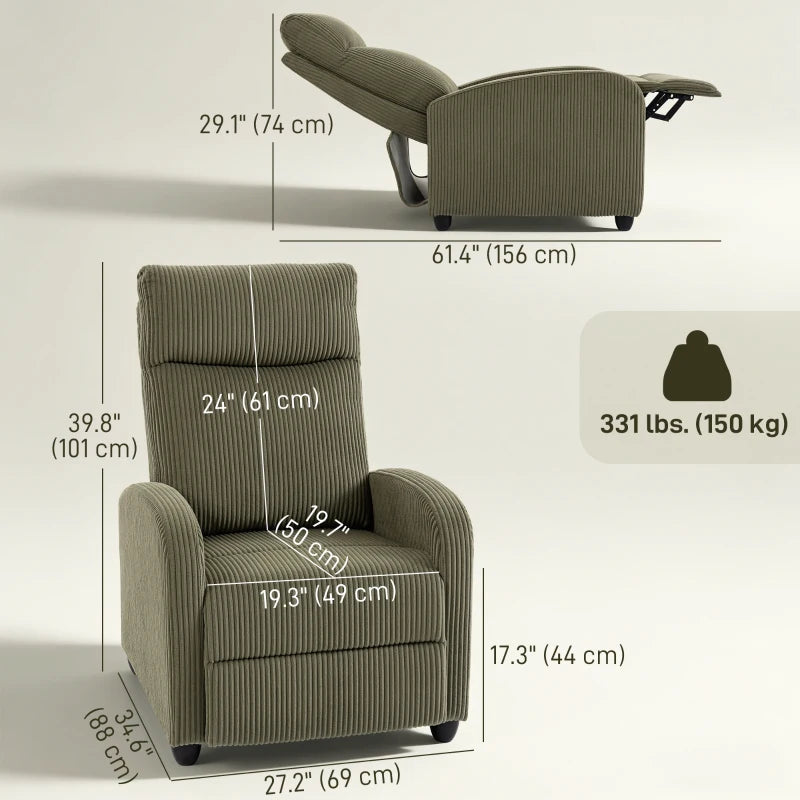 Corduroy Push Back Recliner Chair for Living Room & Home Theater – Manual Reclining Chair