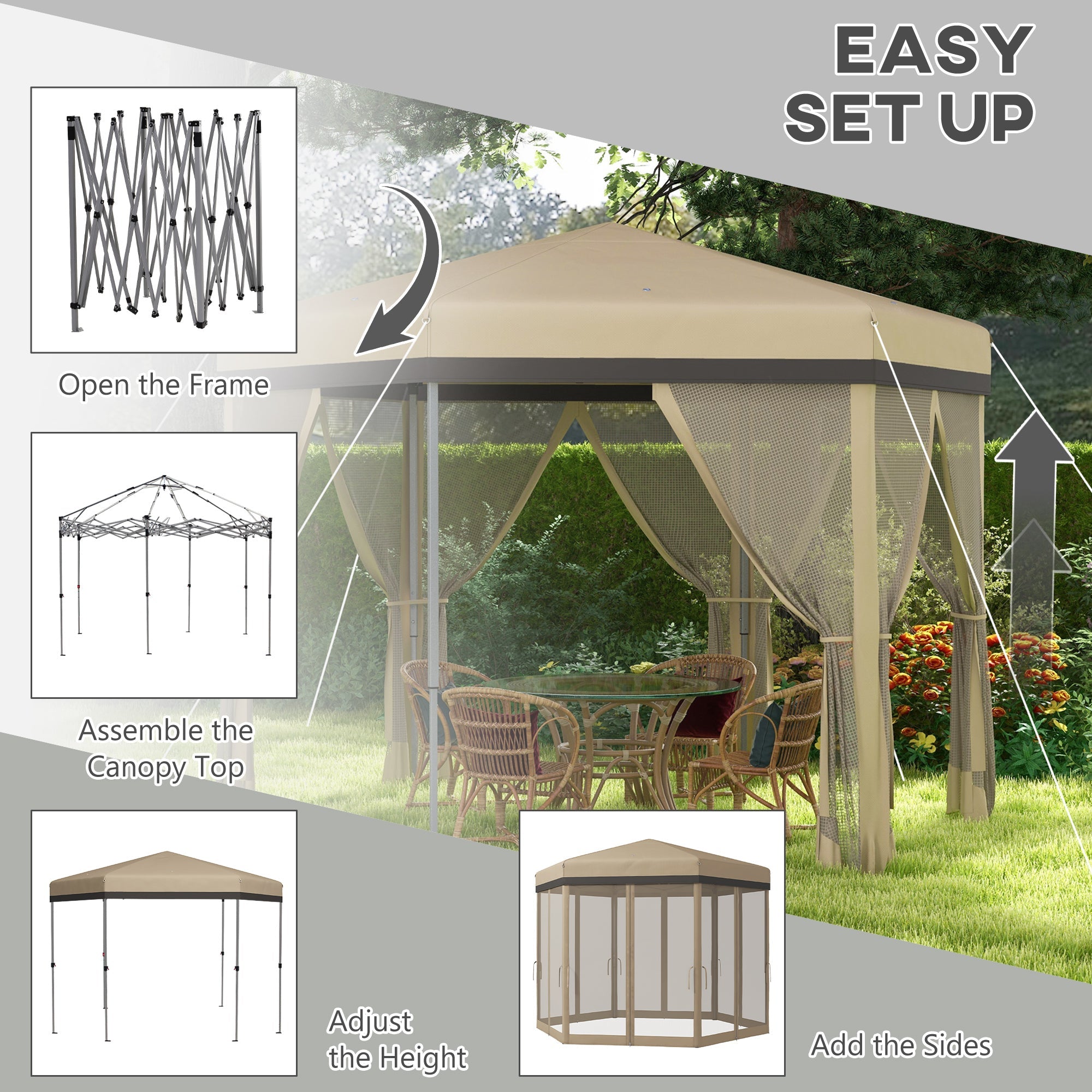 Outsunny 12'x12' Pop Up Canopy, Hexagon Gazebo with Netting, Carry Bag, Height Adjustable Instant Shelter, Khaki