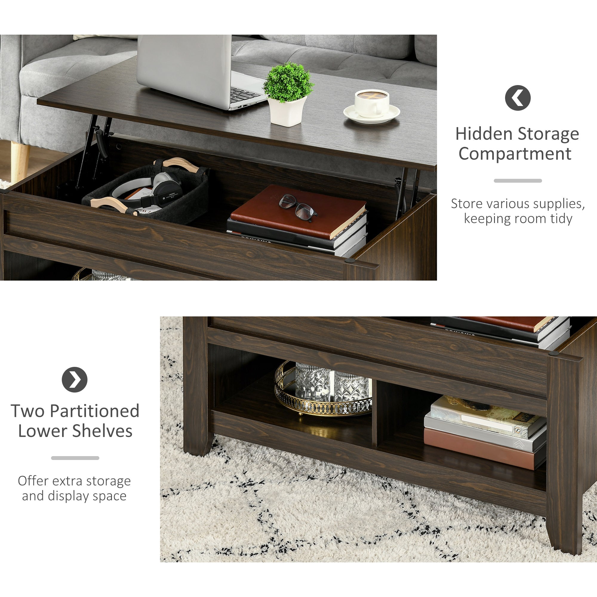 HOMCOM Dark Walnut Lift Top Coffee Table: Pop-Up Center Table with Hidden Storage, Open Shelves for Living Room