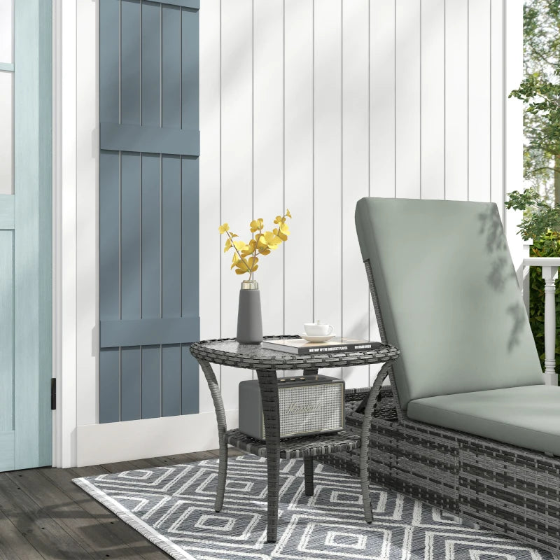 Outdoor Coffee Table with Storage Shelf, Hand-Woven Wicker Side Table with Water-Ripple Glass Top, Mix Grey