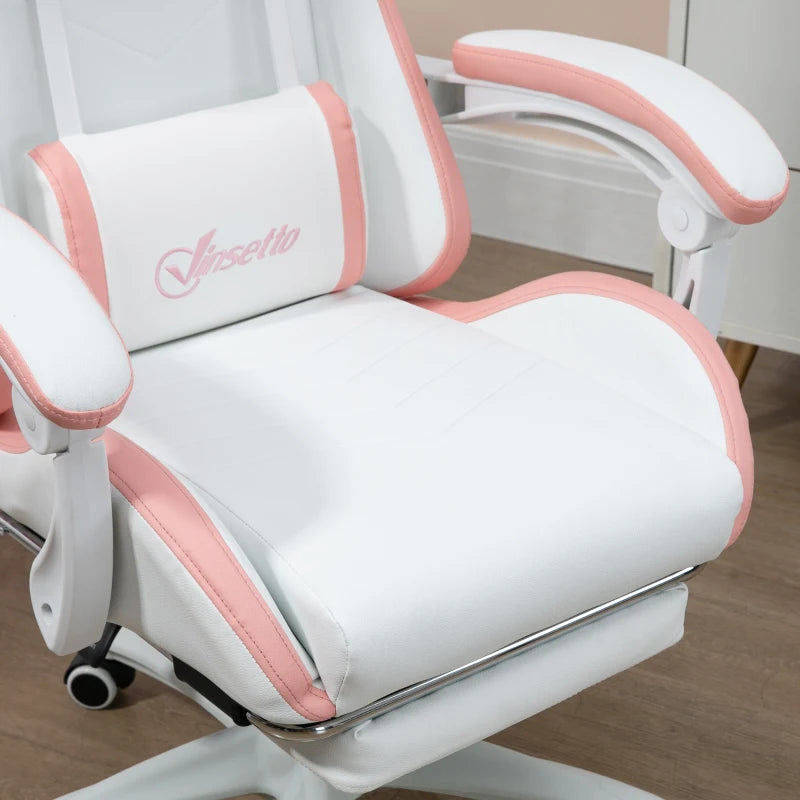 Computer Gaming Chair, PU Leather Office Desk Chair with Footrest, Swivel Wheels, 135° Reclining Back, White