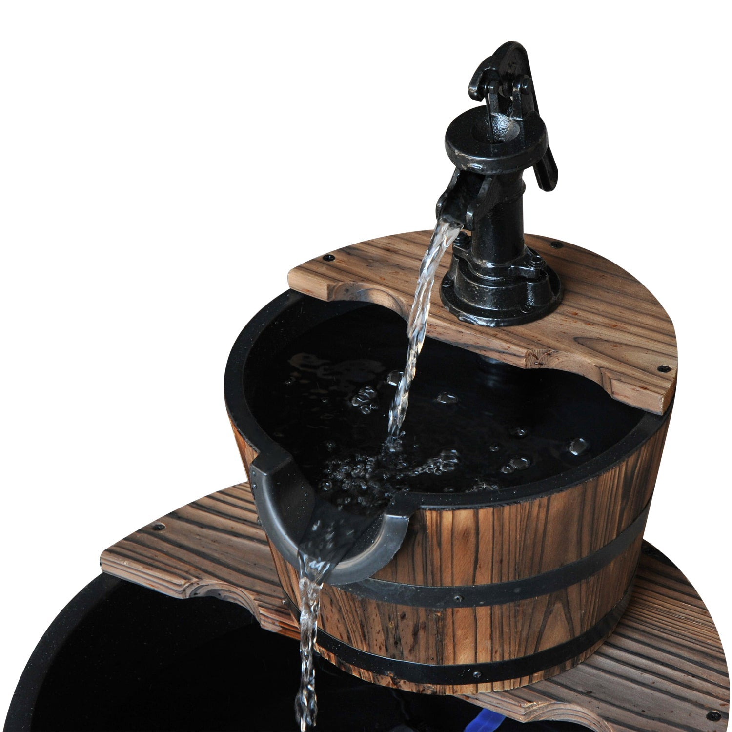 Outsunny 2-Tier Wooden Barrel Water Fountain with Electric Pump Cascading Feature Outdoor Indoor Decoration
