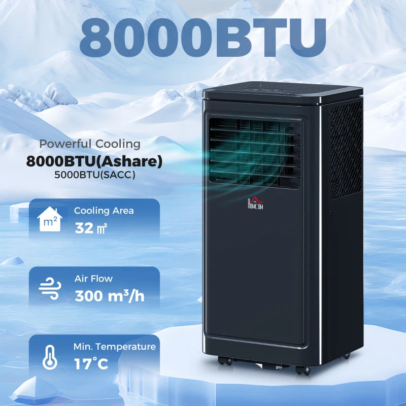 8000 BTU Portable Air Conditioner with Cooling, Dehumidifier, Remote Control, 24-Hour Timer, Window Mount Kit, Black