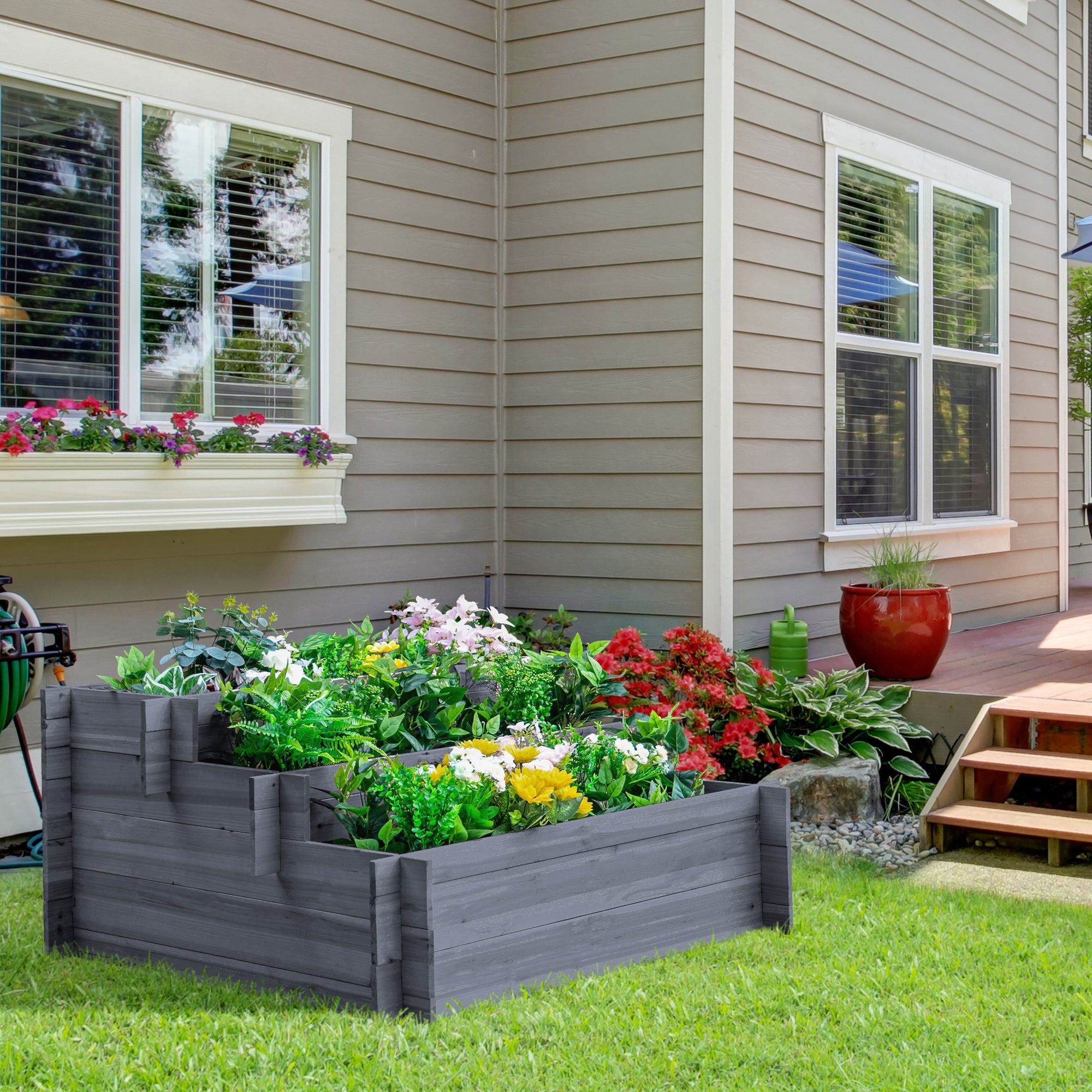 Outsunny 3-Tier Raised Garden Planter Kit Wooden Elevated Planter Boxes Outdoor Vegetable Flower Herb Garden Grey