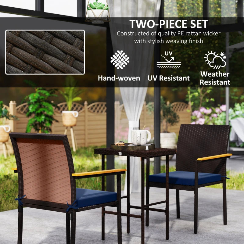Stackable Wicker Patio Chairs Set of 2 with Removable Cushion, Armrest for Garden, Porch, Yard, Navy Blue