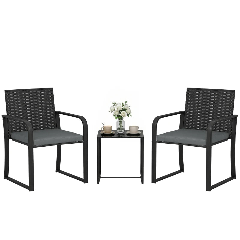 Outdoor Bistro Set, 3 Piece Wicker Patio Furniture with Mesh Seat, Glass Table, Cushions for Porch, Balcony, Grey