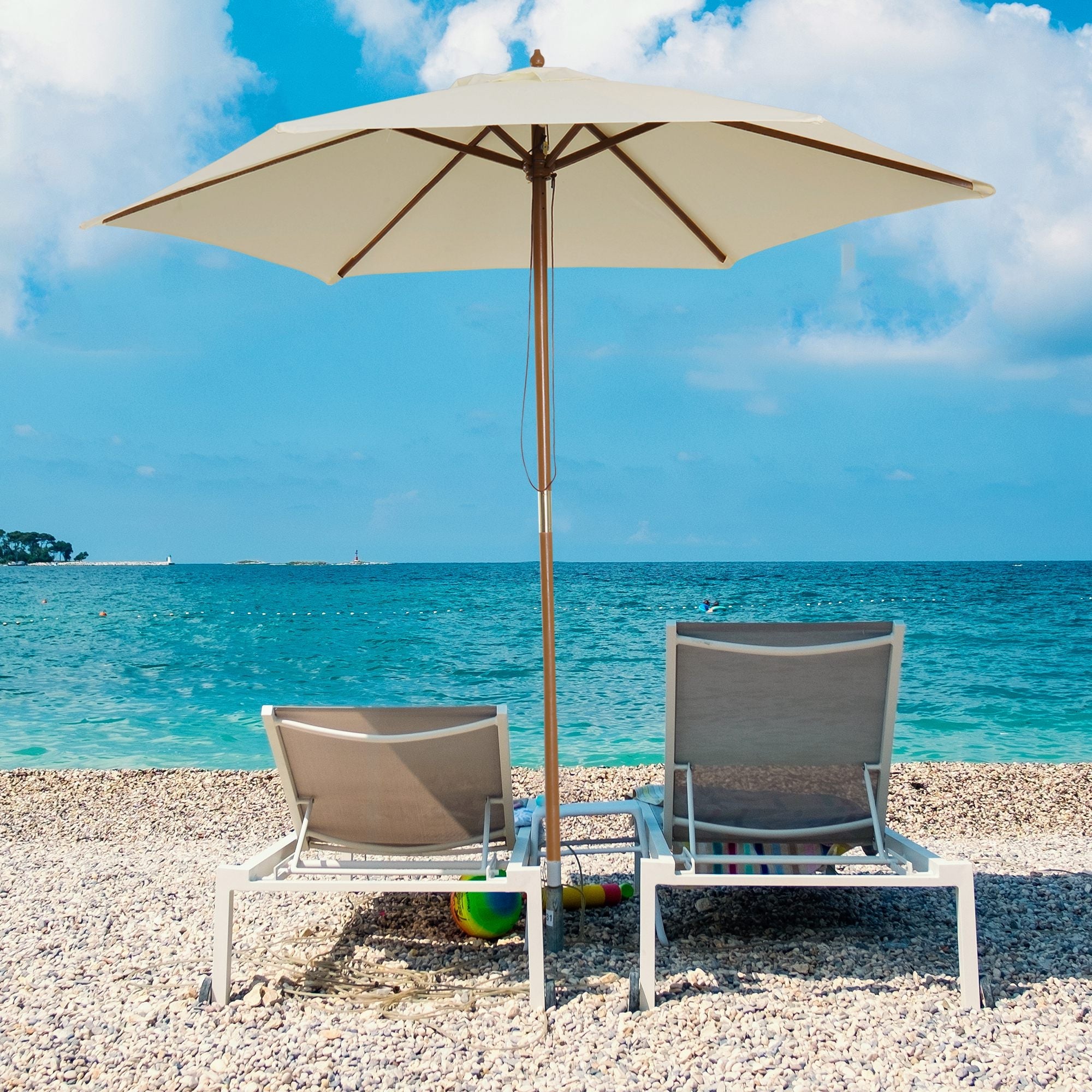 Outsunny Radiant Retreat: 8FT Cream White Wood Market Umbrella, Round Patio Garden Parasol with Bamboo Ribs and Vent