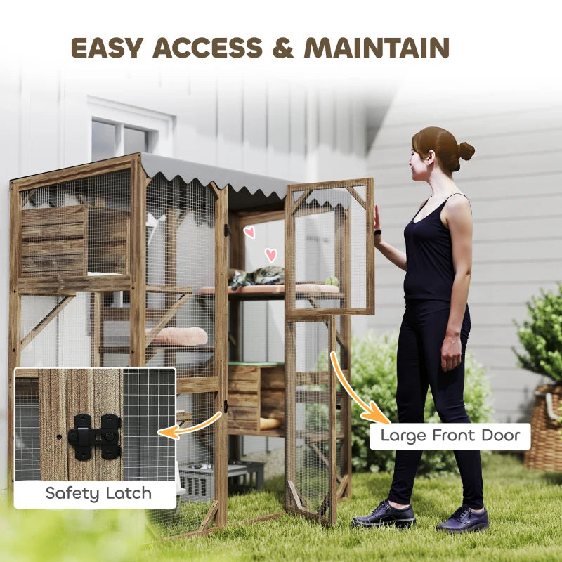 Wooden Catio Outdoor with Window Access, Waterproof Cover, Relaxing Condo, 5 Platforms, Doors, 59" x 28" x 59", Brown