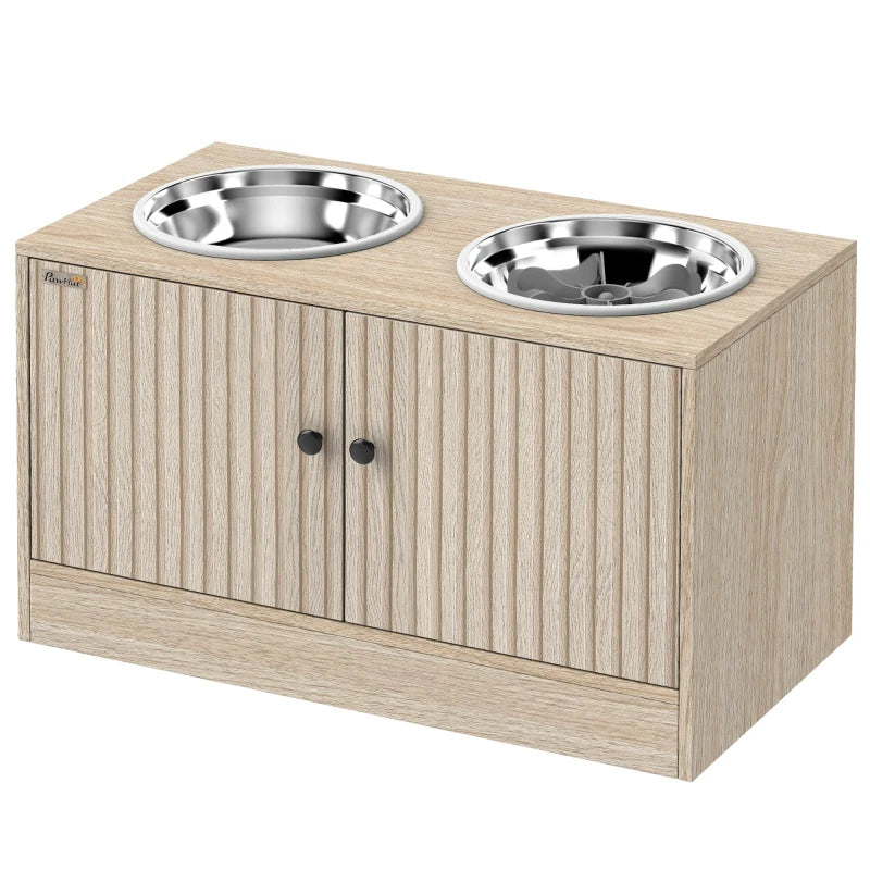 Raised Dog Bowls with Storage, Slow Feeder, 2 Stainless Steel Food and Water Bowl Non-Slip, Oak